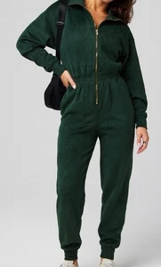 Fabletics Cozy Cord Zip Jumpsuit NWT Womens XL Forest Green Velour Front Zip - Picture 1 of 12