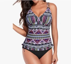 Holipick Women Two Piece Tankini Swimsuit V Neck Tank Top w Bikini Bottom Size S - Picture 1 of 5