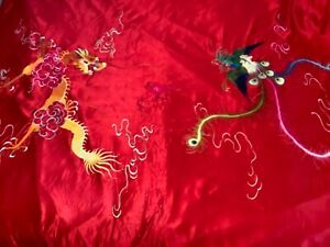 Vintage Chinese Embroidered Red Satin Bedspread Coverlet Dragon 