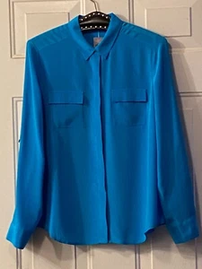 NWT Ann Taylor Pet Sz 10P Silk Blouse Shirt Roll Up Long Sleeve Bright Teal - Picture 1 of 10