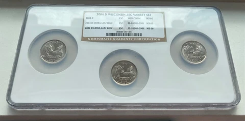 2004-D WISCONSIN 25c 3 COIN VARIETY SET EXTRA HIGH & LOW LEAF & REG. NGC MS 66 Cover