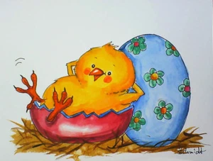 H.Schmidt Küken*Gemütlich*huhn osterei frohe ostern easter ei farben Aquarell  - Bild 1 von 1