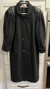 Vintage Maggie Lawrence Overcoat Black Wool Faux Leather Double Breasted SZ XL - Picture 1 of 7