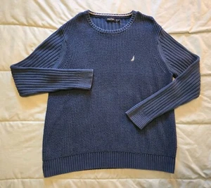 Nautica Waffle Knit Sweater Mens XL Blue Ribbed Stretch Crew Neck Heavyweight - Picture 1 of 14