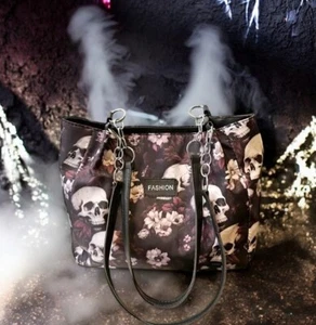 "Gothic Skull and Floral Tote Bag - Dark Fashion Statement Handbag" - Picture 1 of 17
