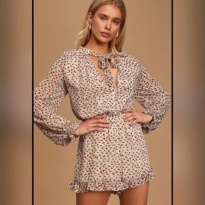 Lulu's Love Grows White Floral Print Long Sleeve Tie-Neck Romper Womens Size L - Picture 1 of 6