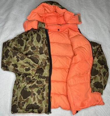 VTG Cabelas Hunting Coat Men LRG Camouflage & Blaze Orange Reversible Down Parka - Image 1 of 4