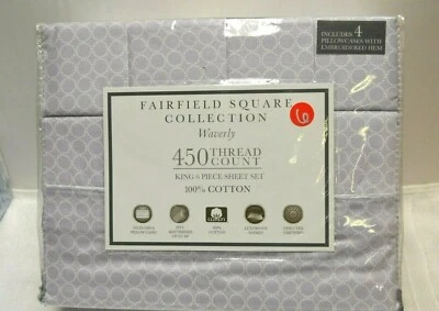 JUEGO DE SÁBANAS DE SEIS PIEZAS FAIRFIELD SQUARE WAVERLY KING CÍRCULOS LILAS NUEVO EN PAQUETE Foto 1 de 4