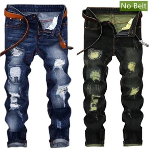 Herren Skinny Zerrissen Moto Biker Jeans Stretch Patch Hose Distressed Gewaschen - Bild 1 von 14