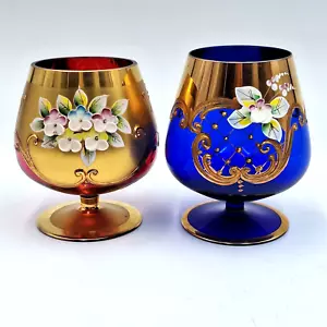 Bohemia Crystal Brandy Snifters Czech Set of 2 Cobalt & Ruby Glass Gilded Floral - Picture 1 of 9