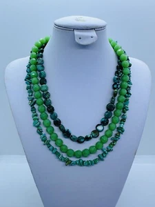 Vintage Natural Turquoise Nugget & Green Czech Glass Bead Multi Strand Necklace - Bild 1 von 10