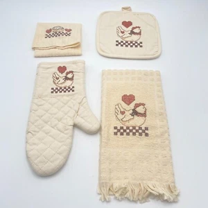 Vintage Erbstück Leshner Küchentücher Topflappen Leinenset Kreuzstich Huhn - Bild 1 von 13