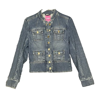 Chaqueta limitada para mujer azul medio jeans denim cuello mandarín dobladillo peplum vintage Foto 1 de 4