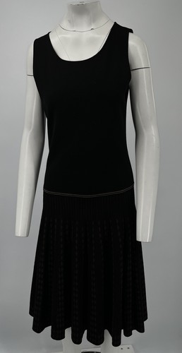 Abito midi Celine nero senza maniche in lana plissettato con accento marrone taglia L