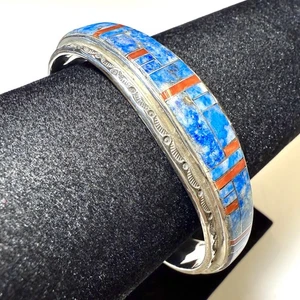 Sterling Navajo Cuff Bracelet LY Lapis Coral Inlay 40.6g Southwest 6.5” Vintage - Foto 1 di 5