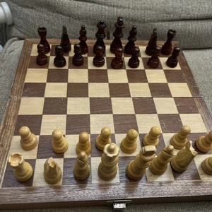 Vintage Folding Wooden Chess Set Storage Box Board Full Carved Wood Pieces 11” - Picture 1 of 15