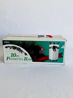 Libbey 10 Piece Poinsetta Ribbon 16 ounce Cooler Glasses ~ In Box Vintage 1992 - Image 1 of 4