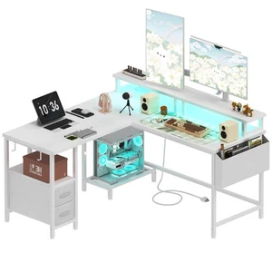 White L Shaped Computer Desk with Fabric Drawers, 47 Inch Corner Home Office ... - Picture 1 of 9