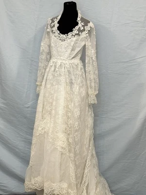 Vintage 1970s Prairie / Victorian Revival Lace Wedding Dress Size 4/6 - Image 1 of 4