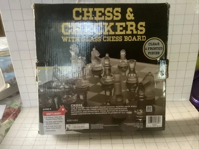 CARDINAL CHESS AND CHECKERS SET W/ GLASS BOARD - CLEAR & FROSTED PIECES ages 8+ - Image 1 of 4