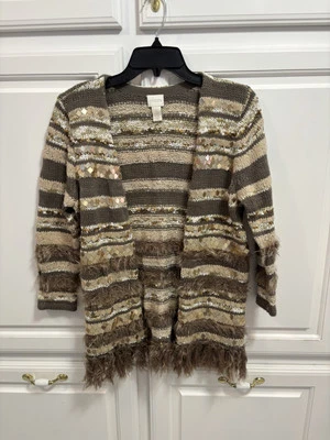 Chico’s Tan Taupe Cream Sequin Fur Stripe Cardigan Women’s Size S Chico’s 0 - Image 1 of 4