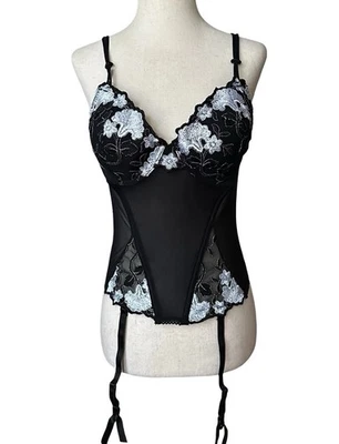 Delicates Sheer Mesh Corset Boning & Garter Sz M Black White Embroidered Florals - Image 1 of 4