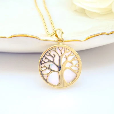 Colgante de oro amarillo de 14k y madreperla genuina árbol de la vida, nuevo Foto 1 de 4