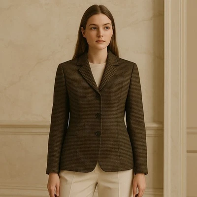 Liz Claiborne 系列羊毛西装外套女式 8 码棕色 Houndstooth Y2K Academia — 第 1/4 张图片