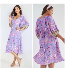 Vestido midi Anthropologie Tracy Reese manga abullonada fantasía estampado bosque mediano - Imagen 1 de 5