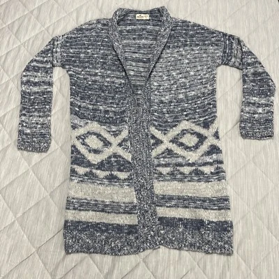 Hollister Cárdigan Abierto Suéter Mujer XS Azul Gris Blanco Tejido Geométrico Largo Foto 1 de 4