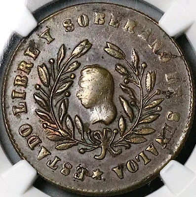 1859 NGC AU 55 Sinaloa Culiacan Mexico 1/4 Real Liberty Head Coin (24030601C) - Image 1 of 4