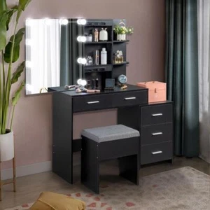Vanity Table Set w/10 Led Lighted Mirror Sliding Cabinet Makeup Dresser 5 Drawer - Picture 1 of 10