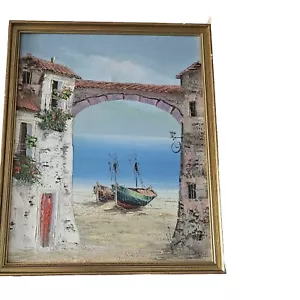 Dipinto ad olio villaggio mediterraneo su tela incorniciato senza vetro, firmato da artista - Foto 1 di 12