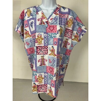 Simply Basic Womens Scrub Top Size M Dress Up Bears Purple Short Sleeves Pockets - Image 1 of 4
