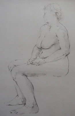 Original Hand Drawn Medium Graphite Pencil Life Drawing of a Seated Female Nude - Image 1 of 4