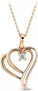 14K Real Gold Pendant Necklaces w Certified Diamond Double Heart Rose Gold 17.7" - Picture 1 of 6