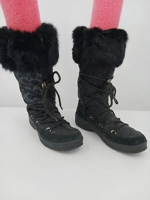 Coach Mujer Bota 8 Negro Bota de Nieve Cordones Piel Borde Logo Apilado Tacón Bajo Foto 1 de 4
