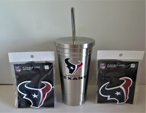 HOUSTON TEXANS STAINLESS STEEL TUMBLER w/ STRAW & TWO FLEXIBLE MAGNETS Cover