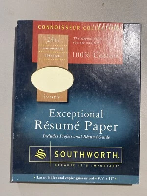 Papel de currículum Southworth 100 % algodón marfil 24 libras. 8-1/2 x 11 Wove 100/Caja R14ICF Foto 1 de 4