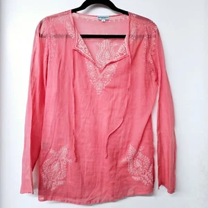 ROBERTA FREYMANN Pink 100% Cotton Embroidered  Sheer Tunic Women Shirt Top (M) - Picture 1 of 8