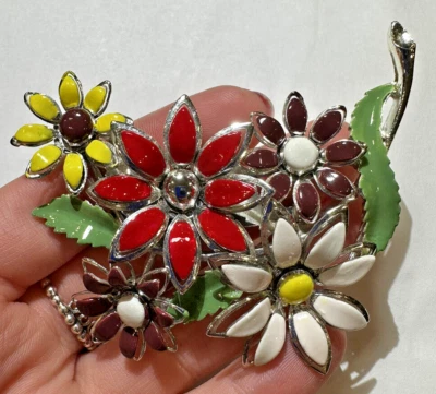 Vintage Grande Color Argento Verde Foglia Rosso Bianco Giallo Smalto Fiori Daisy - Immagine 1 di 4