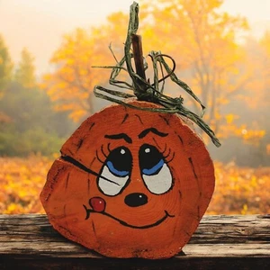 Tronco di zucca dipinto a mano divertente sorridente artigianale primitivo autunno decorazione Halloween - Foto 1 di 6