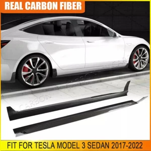 Fits Tesla Model 3 Sedan 17-2022 REAL Carbon Fiber Side Skirts Extension Spoiler - Picture 1 of 13