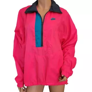 Vintage Nike Windbreaker Womens Large Neon Pink Blue Swish Logo 90's Half Zip - Picture 1 of 13