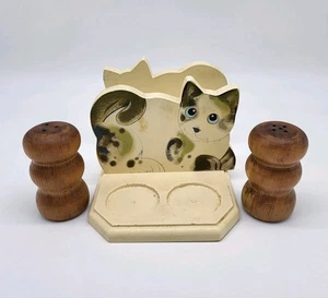 Vintage Cats Wooden Napkin Holder Salt & Pepper Shaker Set Kittens 90s Kitschy - Picture 1 of 11