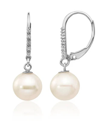 14K Solid White Gold 8mm Round Freshwater Cultured Pearl Diamond Dangle Earrings - Image 1 of 4