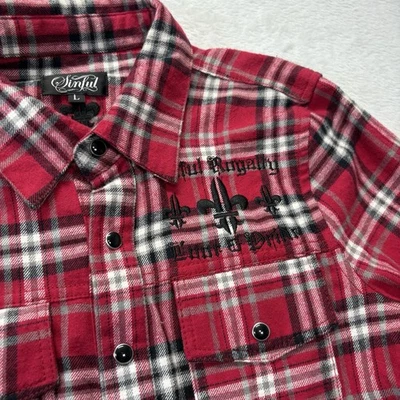 Sinful by Affliction Shirt Womens L Red Plaid Embroidered Long Sleeve Pearl Snap - Image 1 of 4