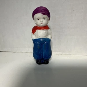 Antiguo bisque holandés niño púrpura sombrero bufanda roja Charlotte Penny muñeca - Imagen 1 de 7
