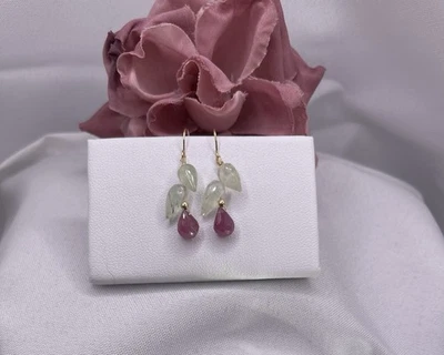 14K Gold Ruby Earrings Prasiolite Leaf Natural Briolette Handmade - Image 1 of 4