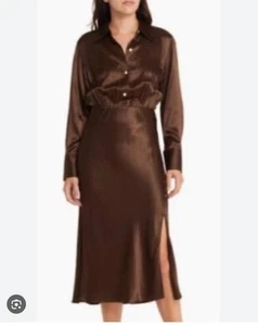 Rails Women Dress Sz L Brown Kathleen Long Sleeve Satin Midi Dark Moss FLAWS GUC - Picture 1 of 22